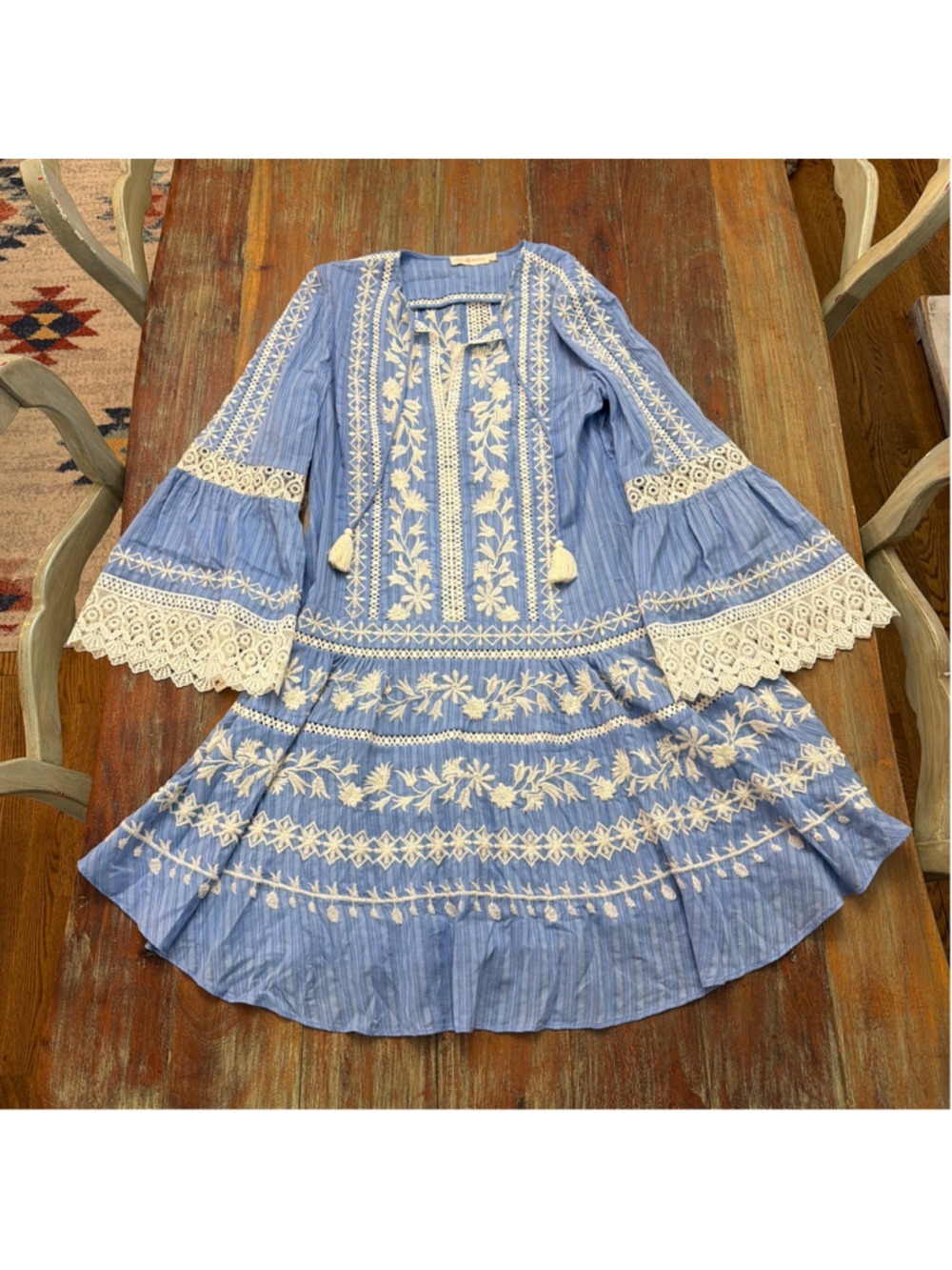 Tory Burch Light Blue Embroidered Crochet Bell Sleeve Tunic Coverup Dress Sz 6